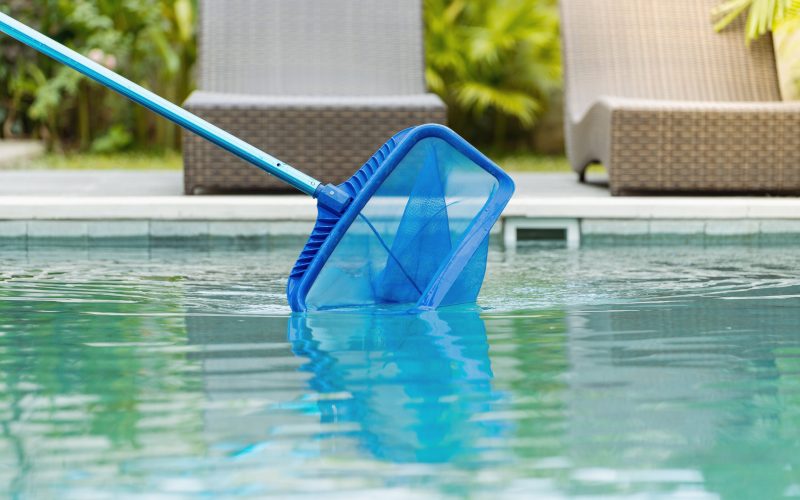 Cleaning swimming pool of fallen leaves with skimmer net equipment against sun resort loungers at sunny summer day