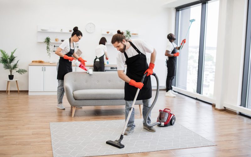 Team of professional people from cleaning service cleans sofa, carpet, cuisine table and panoramic windows of spacious apartment. Multinational group of cleaners cleans bright studio kitchen.